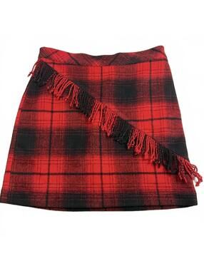 Les Coyotes de Paris Red Black Plaid Fringe Wool Blend Mini Skirt Academia Cabin
